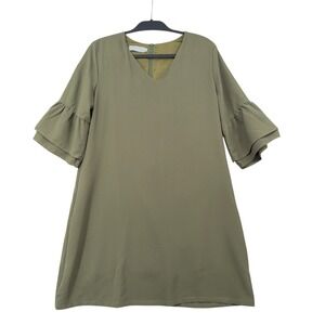 Belongsci Olive Green Bell Sleeve V Neck Shift Dress Women's Size L